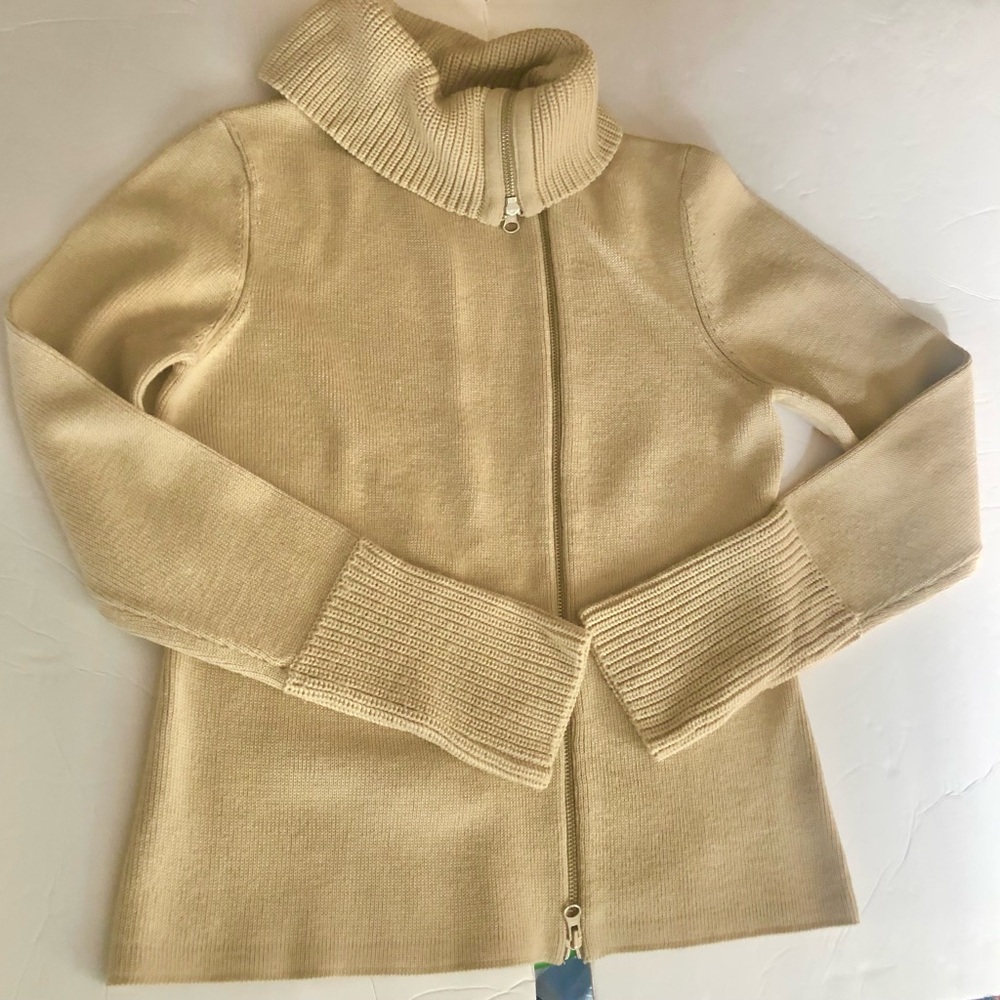 LOFT Vintage Y2K Tan Cowl Neck Zip Up Cardigan Sweater Size M fits like Small